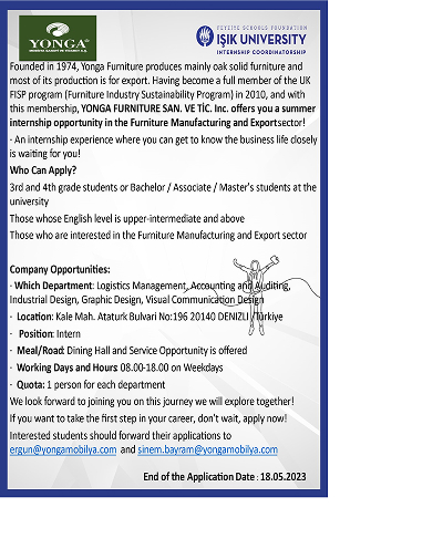 Yonga Mobilya İmalat Staj Fırsatı 