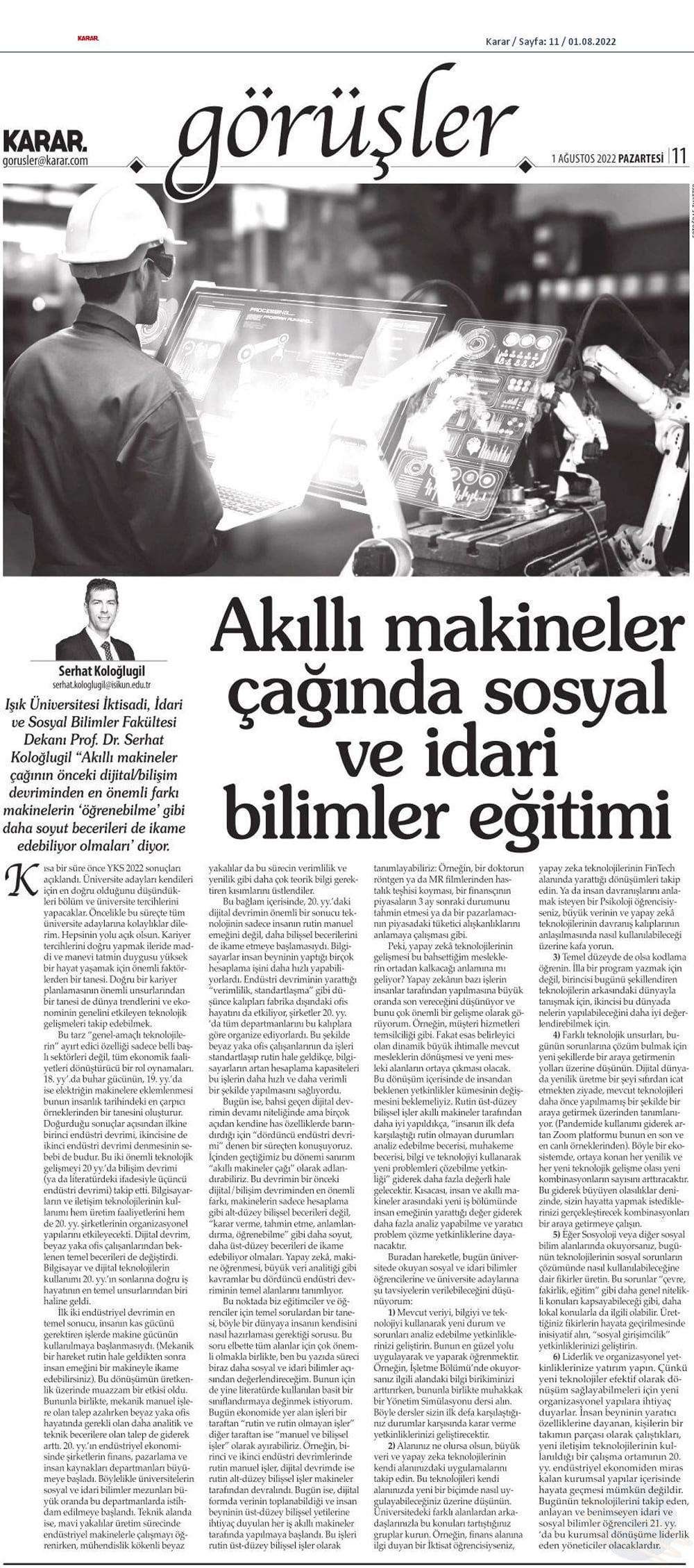 Karar Gazetesi'nde yayınlanan "Akıllı makineler çağında sosyal ve idari bilimler eğitimi" başlıklı haber küpürü.