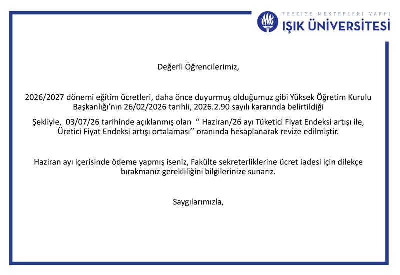 2026-2027 Akademik Yılı Haziran Ayı Ücret Revizesi