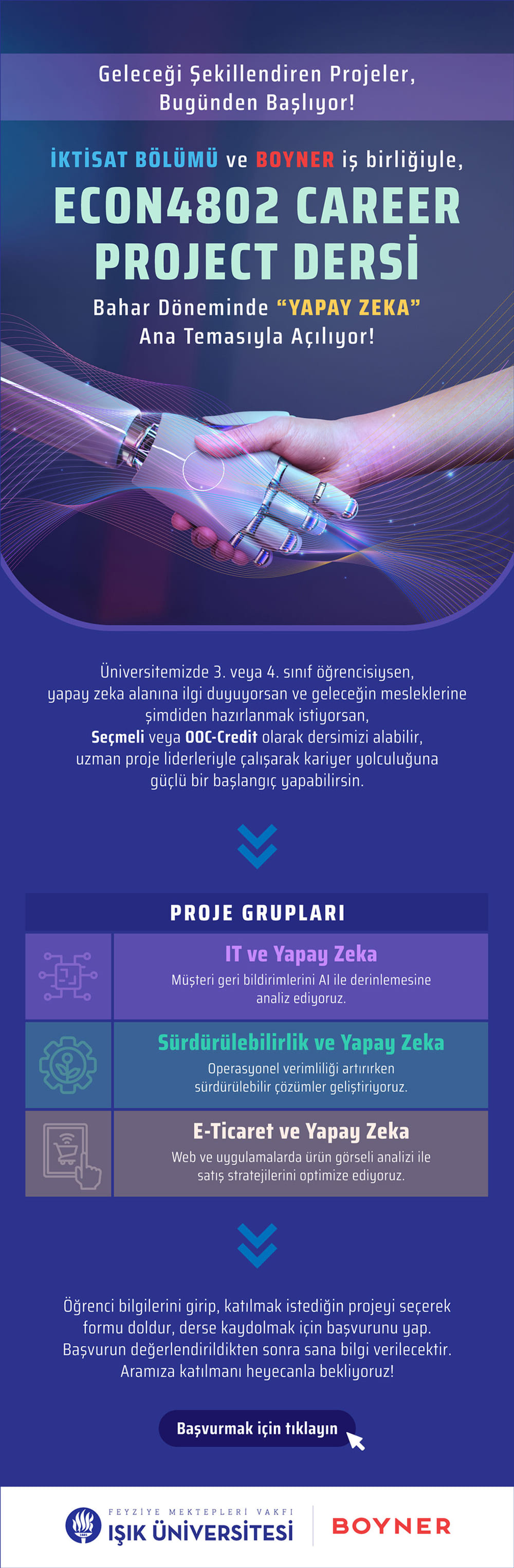 Işık Üniversitesi İktisat Bölümü ve Boyner iş birliğiyle düzenlenen ECON4802 Career Project dersi başvuru duyuru görseli.