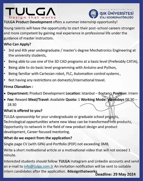 TULGA Design Mekatronik Müh. Staj Fırsatı 