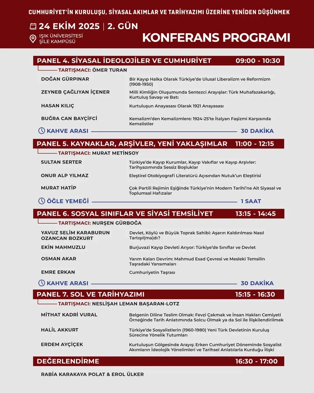 Cumhuriyet’in Kuruluşu, Siyasal Akımlar ve Tarihyazımı Üzerine Yeniden Düşünmek Konferans Programı