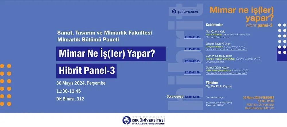 Işık Üniversitesi Sanat, Tasarım ve Mimarlık Fakültesi Mimarlık Bölümü tarafından düzenlenen akademik paneli tanıtan görsel