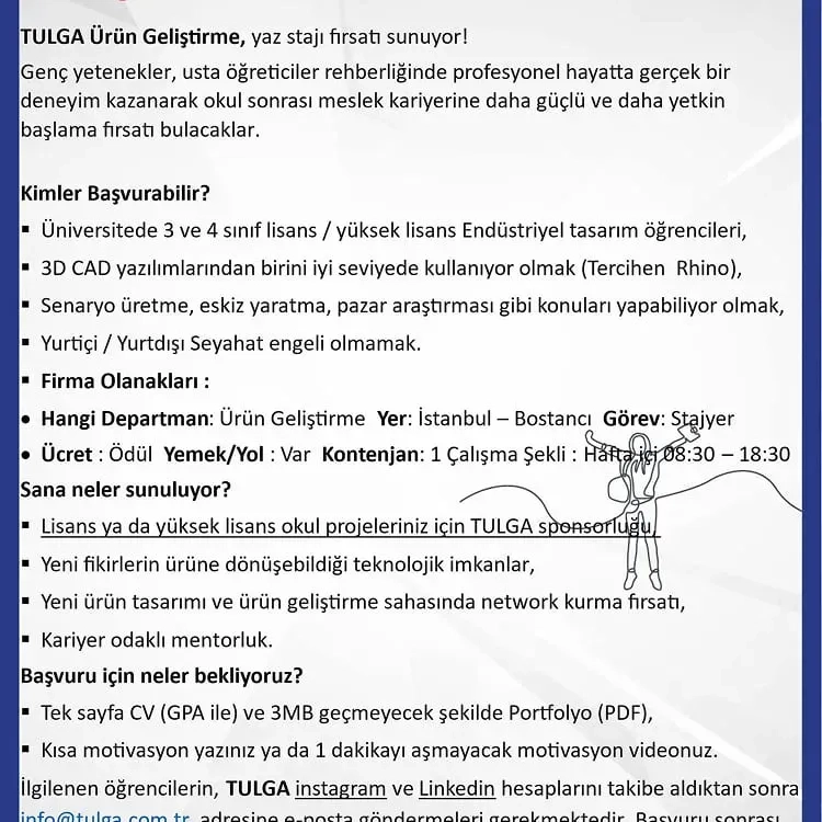 Işık Üniversitesi öğrencileri için yayınlanan TULGA Design endüstriyel tasarım staj fırsatı duyuru broşürü